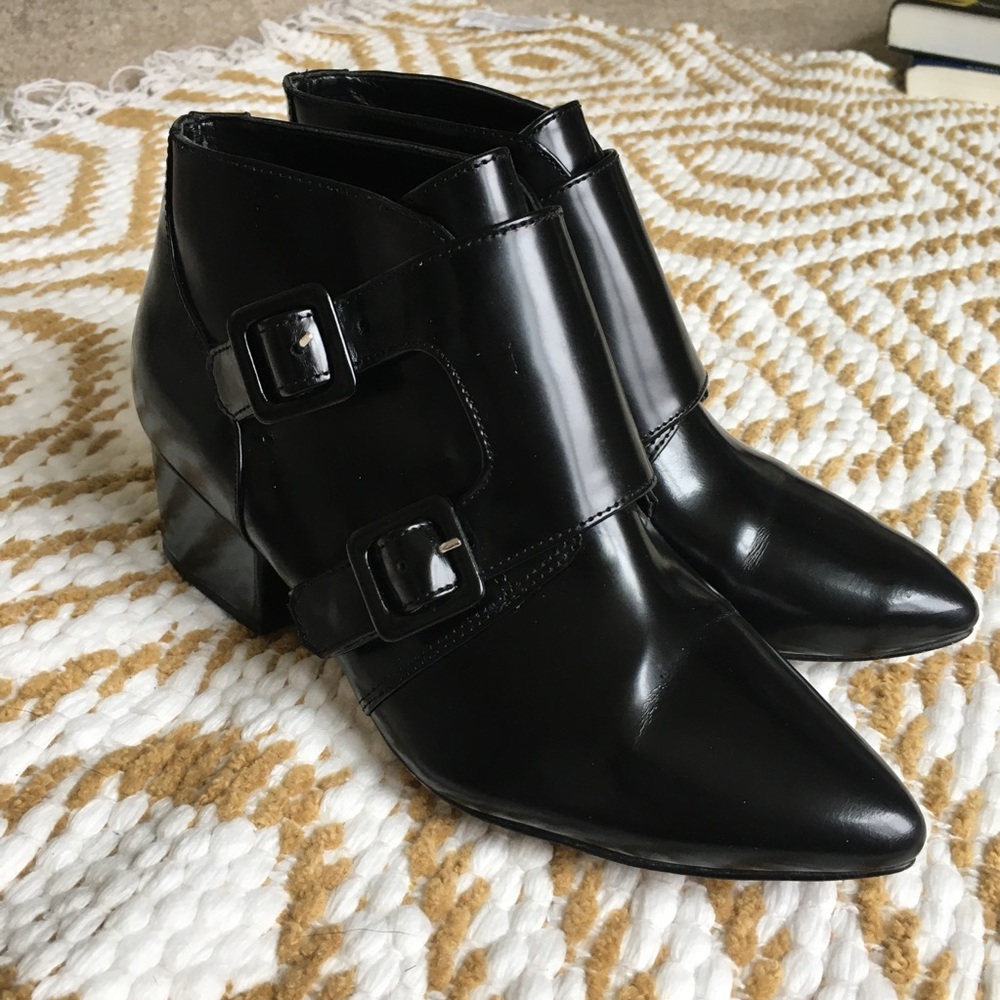 French Connection Black Leather Roree Double Buckle Ankle Boots